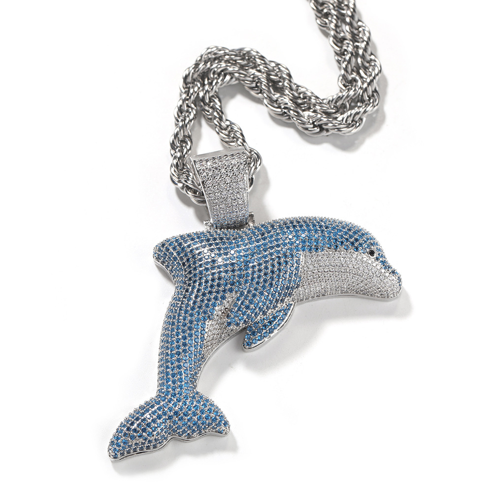 Hip Hop Animal Dolphin Pendant Necklace 5A Blue Zircon Women Men Children Rap Jewelry