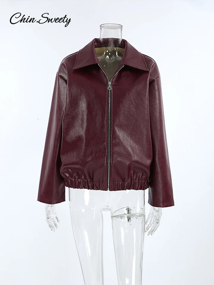 Fashion Lapel Leather Bomber Jacket Women Loose Zipper Long Sleeves Locomotive Coat 2024 Autumn Lady High Street Outerwear 241106