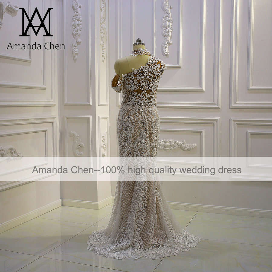 Halter One Shoulder Lace Wedding dress with Removable Skirt