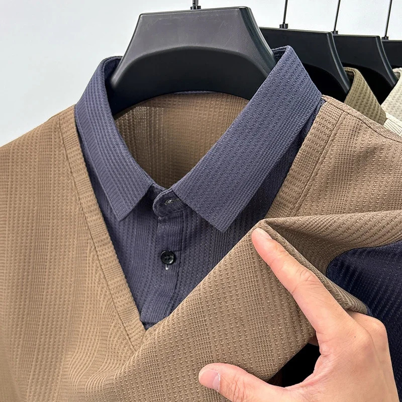 Mens Casual Fashion Long Sleeved Solid Color Blocked Two-piece Polo Shirt Comfortable All Season Versatile Top 241106