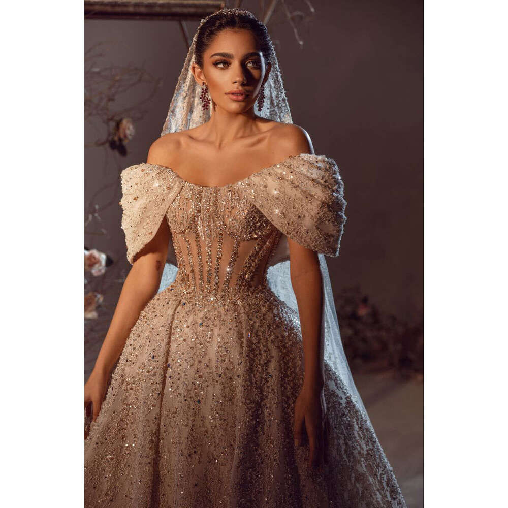 Arabic Dubai A Line Wedding Dresses With Beads Crustals Eleant Off Shoulder Cap Sleeve Lace Appliques Bridal Gown Sweep Train Vestidos De Novia Custom