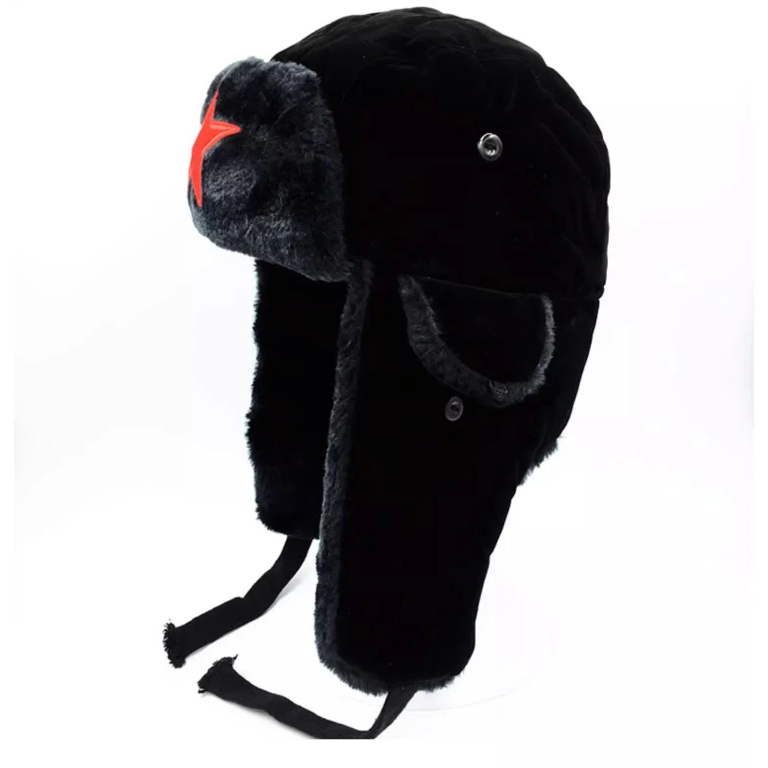 Boys Winter Hat Red Star Label Pilot Ski Bomber Hat Parents Children Hunter Earrings Black Russian Hat Fluffy Faux Artificial Fur 241106