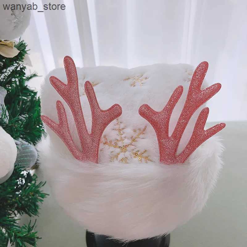 Wide Brim Hats Bucket Hats Plush Christmas Hats for Adults Glitter Snowflake Embroidered Santa Claus Hat with Antlers L240910