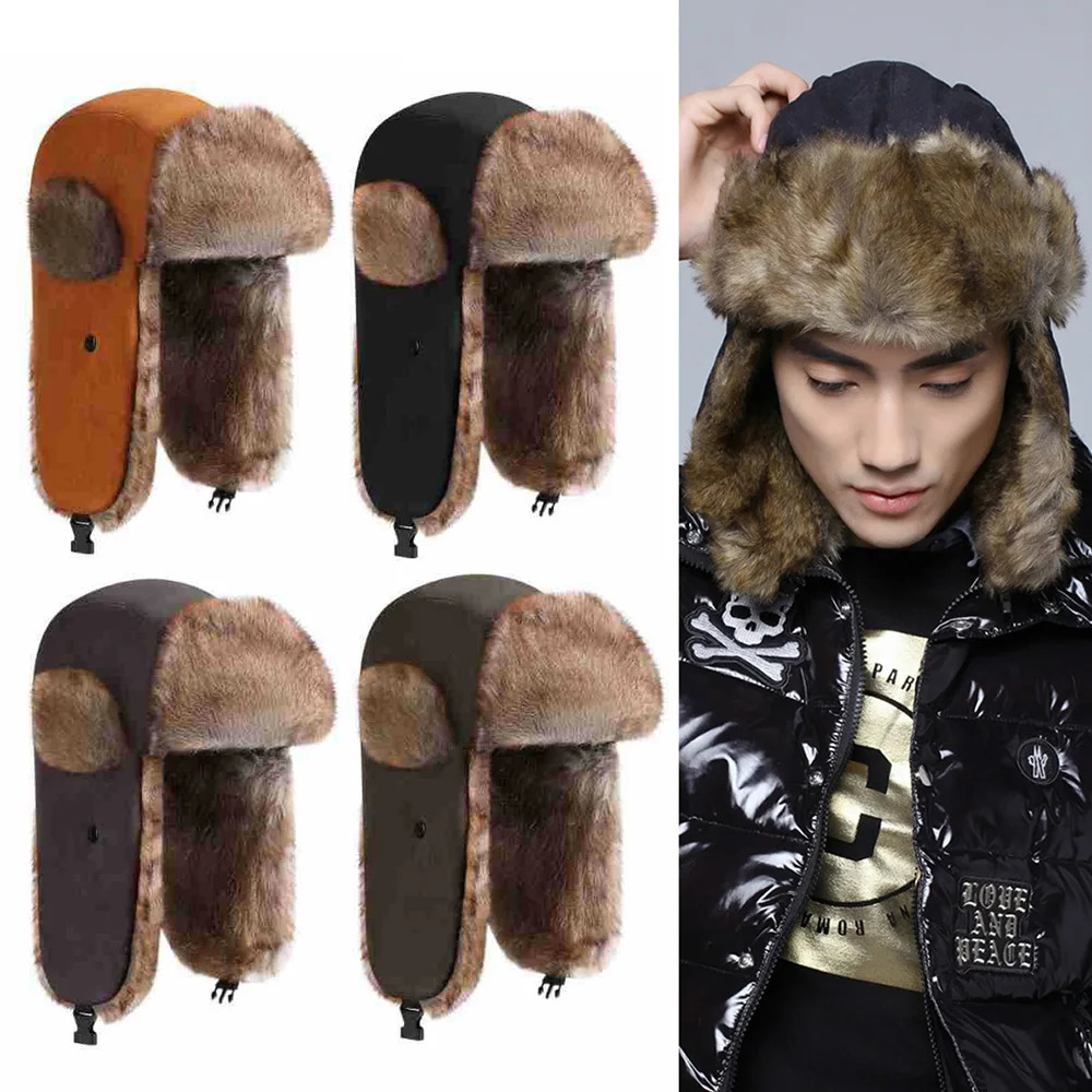 Mens Winter Trap Bomber Hat Thick Artificial Fur Ear Hood Russian Suede Ski Hat Outdoor Warm Plush Ear Hood 241106