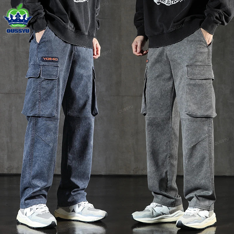 OUSSYU Clothing Mens Cargo Pants Cotton Solid Color Work Wear Wide Korean Multi Pocket Jogger Trousers Male Plus Size 241106