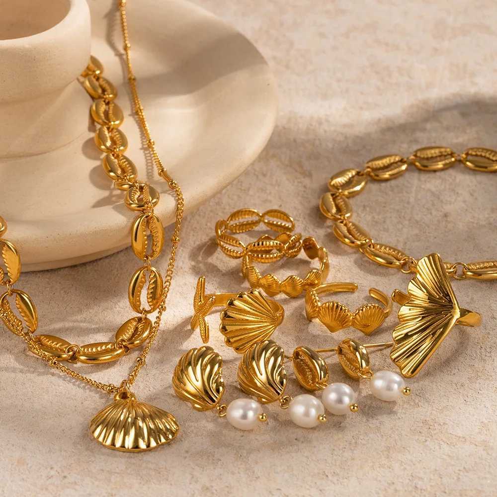 18K PVD galvanized design stainless steel beach resort shell element waterproof pendant necklace/earring metal enchanting jewelry X241106