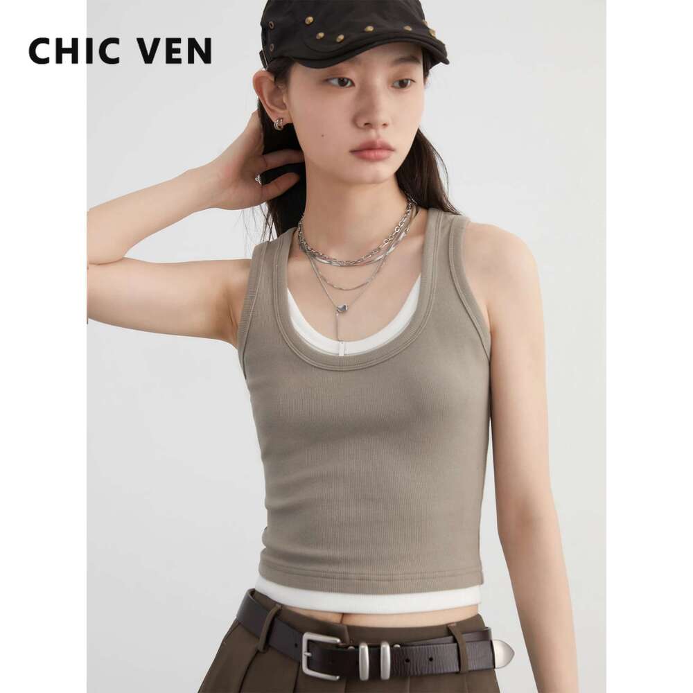 CHIC VEN Women Tan Casual U-Neck Contrasting Color Splicing Female Vest Slim Fit Woman Suspender Autumn 2024