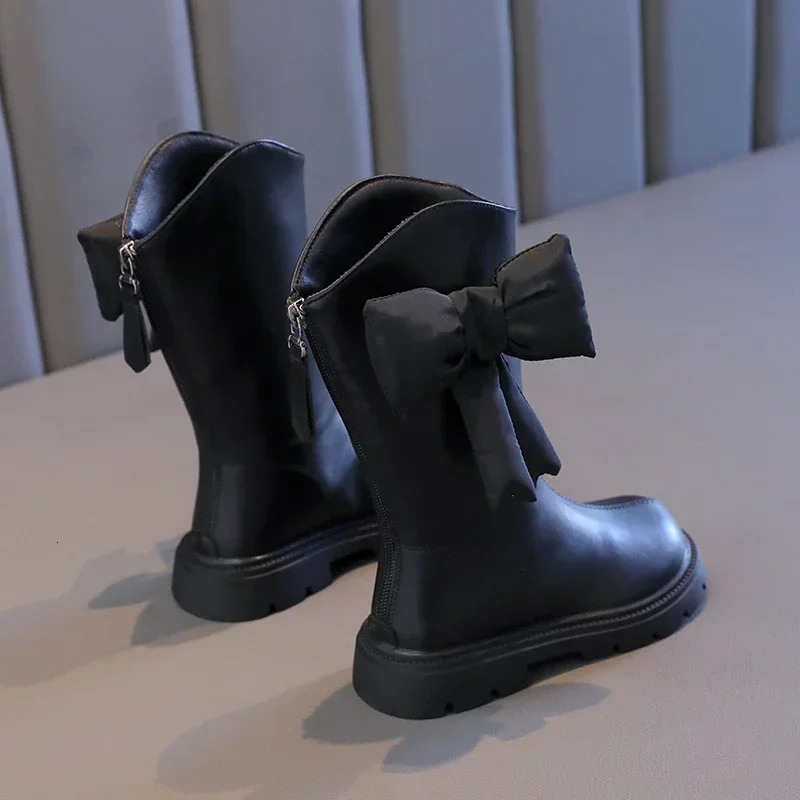 Girls Long Boots Black Pu Leather Bowtie Chunky Fashion Children Winter Boot Warm Bowknot Round Toe Knee-high Kids Shoes 27-37 241106