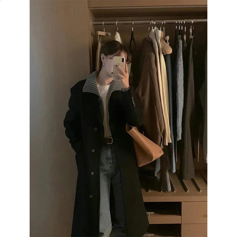 MEXZT Long Wool Blends Coat Streetwear Black Woolen Jackets Elegant Commute Blazer Overcoat Winter Korean Chic Outerwear 241105