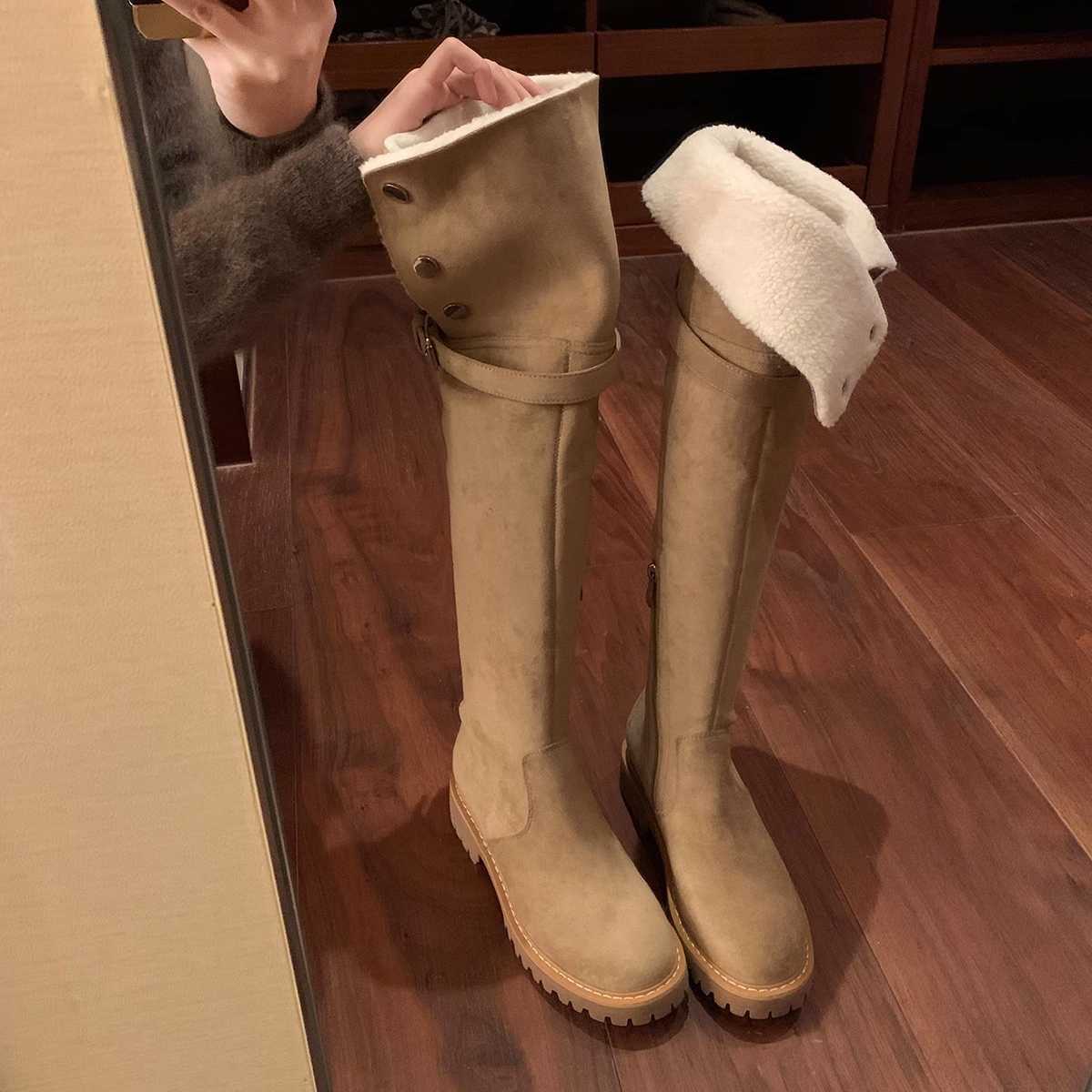 CMM Knee High Knight Boots Thick Soles and Plush Long Boots Versatile for Autumn and Winter
