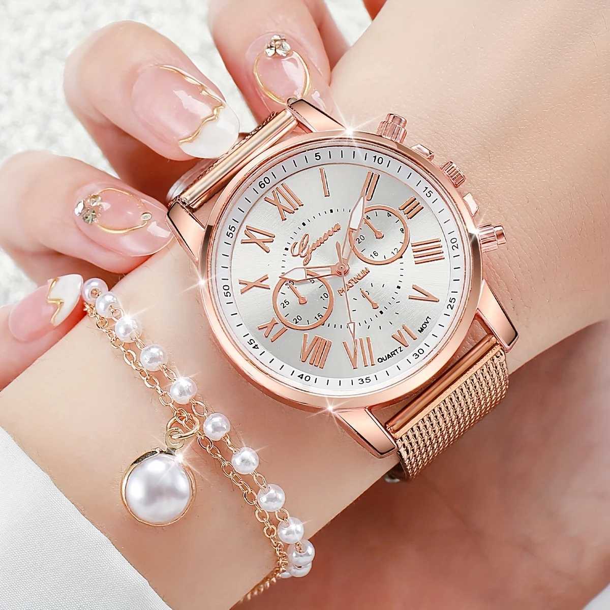 5 pieces/set of elegant Wens fashionable quartz watches with Ran number and simulated pearl jewelry set - fashionable casual wear X241106