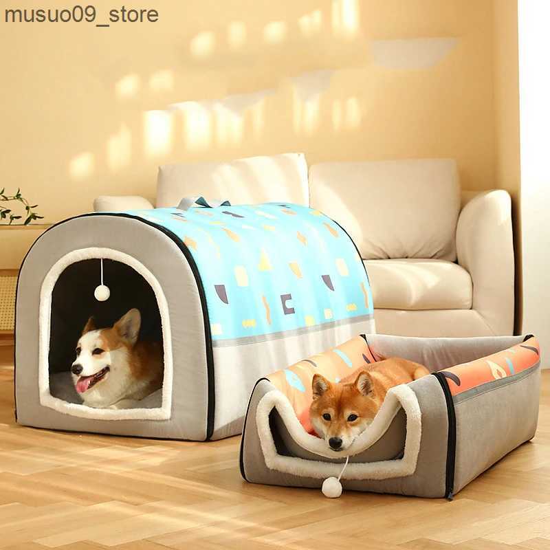 kennels pens 2-in-1 detachable cat bed with dog hole cat hiding home with ball pendant warm and washable comfortable big dog bed L240910