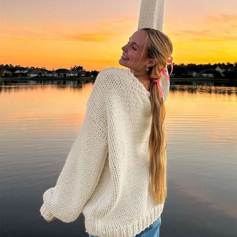 Talenza Knitted Off-Shoulder Women's Solid Color Casual Loose Large V-Neck Pullover Streetwear Slim Hollow Sweater Top