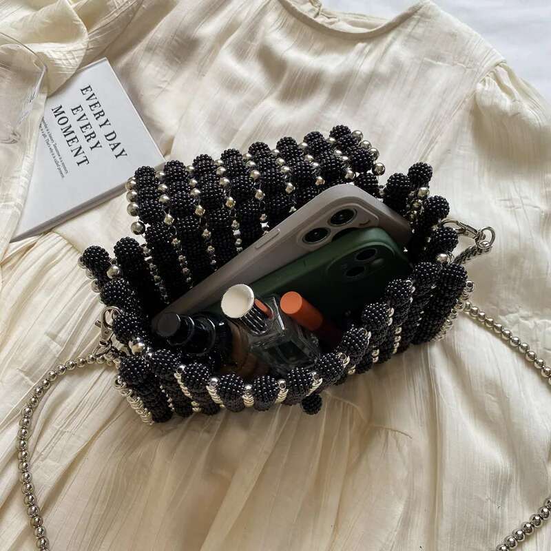 Designer Bag Black Small Square Bag Tote Women 2024 Summer Beading Handmde Handbag Phone Bag Coin Purse Vintage Pearl Shoulder Crossbody Bag