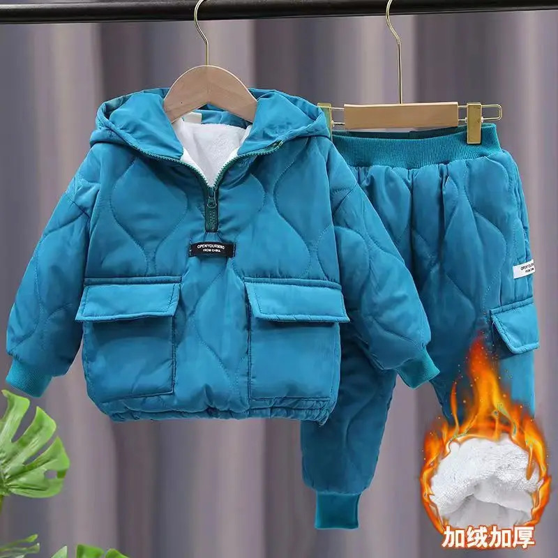 Winter Children Clothes Sets Kids Boys Girls Hooded Warm Cotton Velvet Pullover Coats OuterwearPants 2Pcs Snowsuits 1-8Y 241106