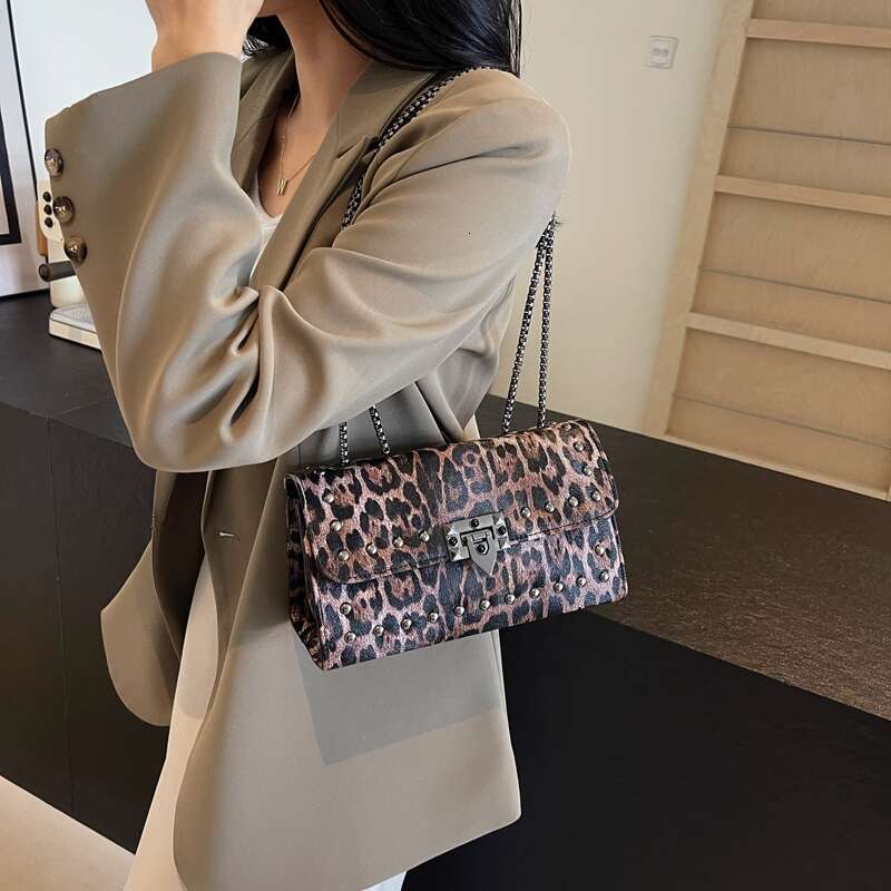 Designer Bag Rivet Chain Brand Designer Pu Leather Crossbody Bags For Women 2024 Retro Leopard Pattern Shoulder Bag Luxury Small Handbags