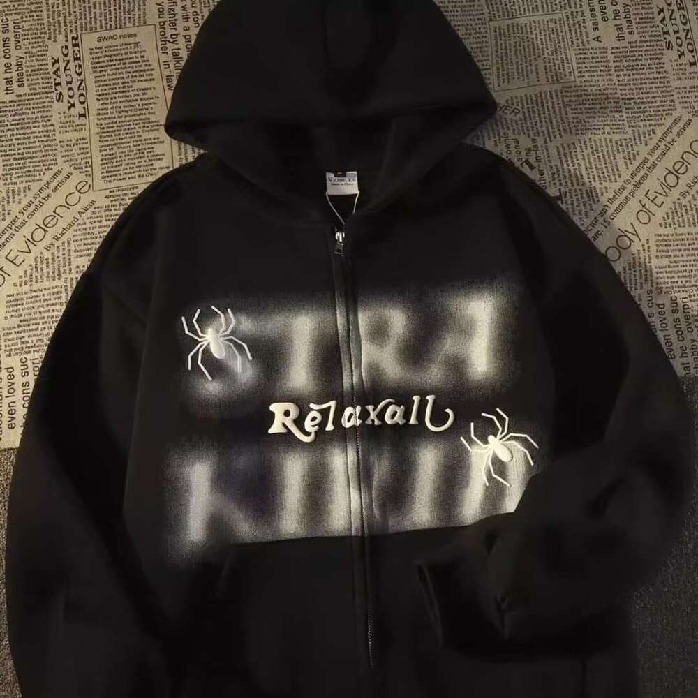 shanshi spider hoodie American flocking spider hooded sweater for men in spring and autumn loose casual oversize cardigan coat hoodie