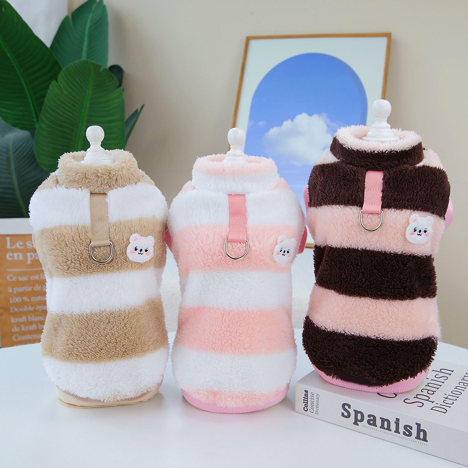 Dog D ring Clothes Fashion Design Striped Dog Fleece Clothes Autumn Winter Pet Clothing