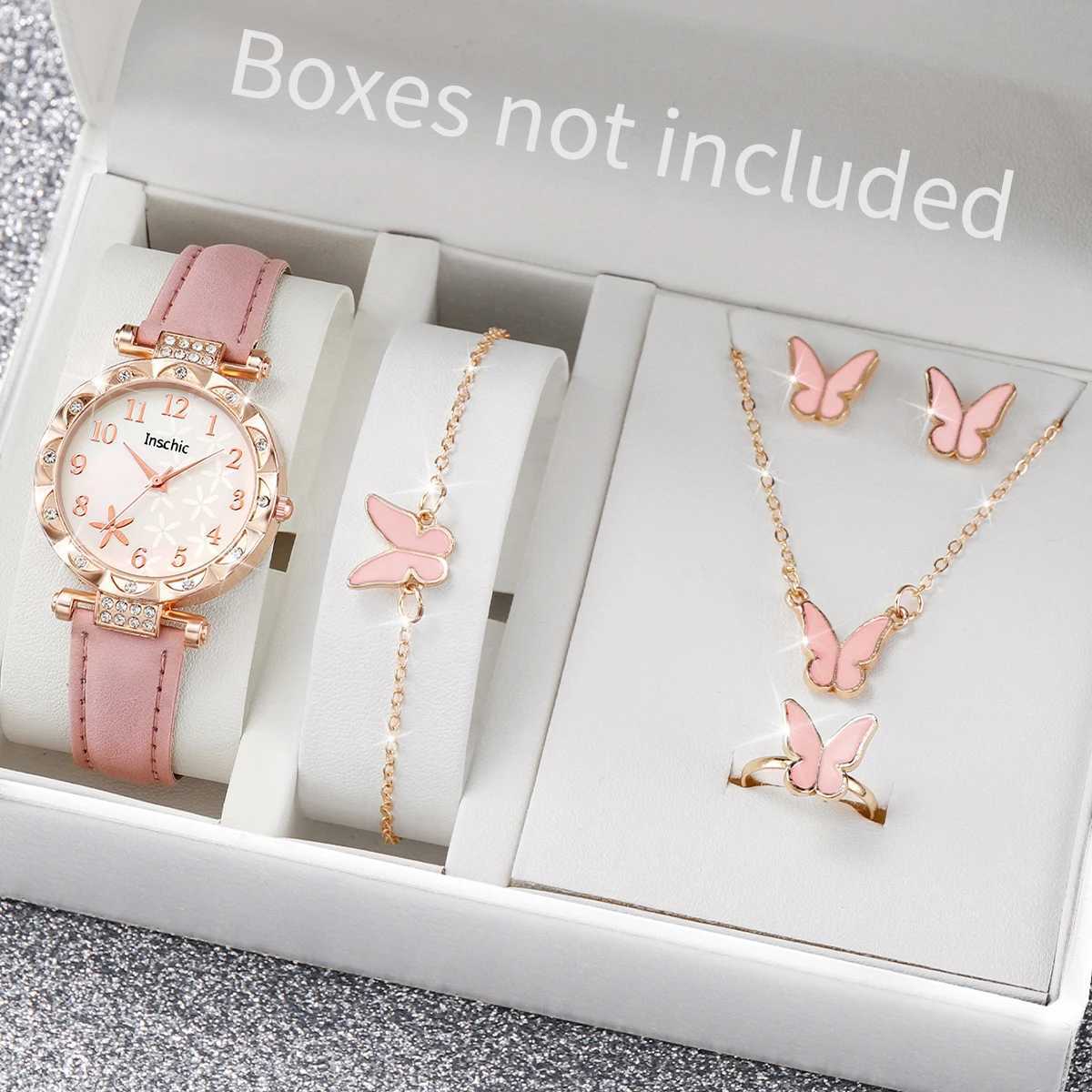 6-piece/set temperature watch fashionable floral leather strap simulated quartz watch jewelry set (no box) X241106