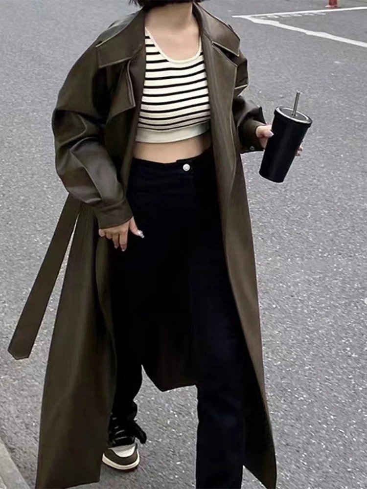 Leather Long Women Jacket Street Fashion Turn-down Collar Female Jackets 2024 Autumn Winter Full Sleeve Belt Loose PU Coats 241106
