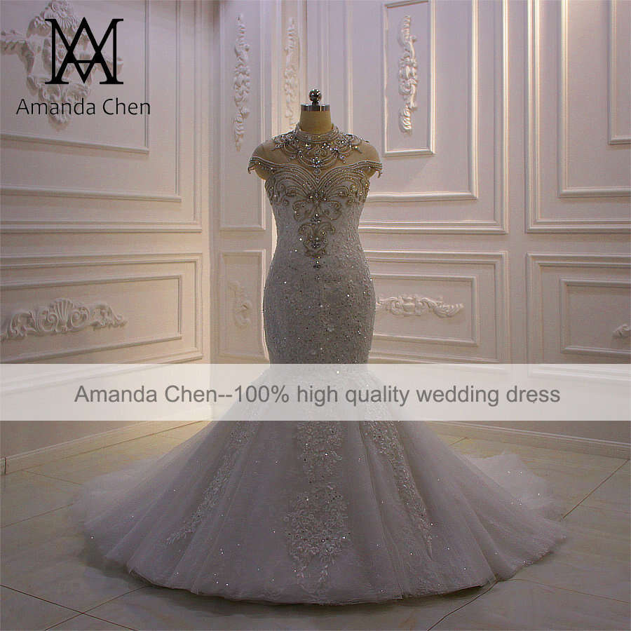 mariage High Neck Cap Sleeve Lace Applique Crystal Pearls Fishtail Wedding Dress