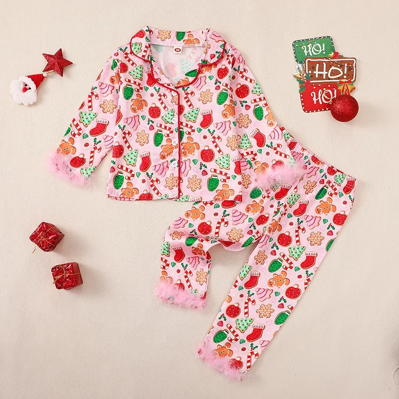 1-5Y Baby Boys and Girls Christmas Silk Pajama Set Button Down Patch Long Sleeve Shirt Top Satin Pj Set 241106