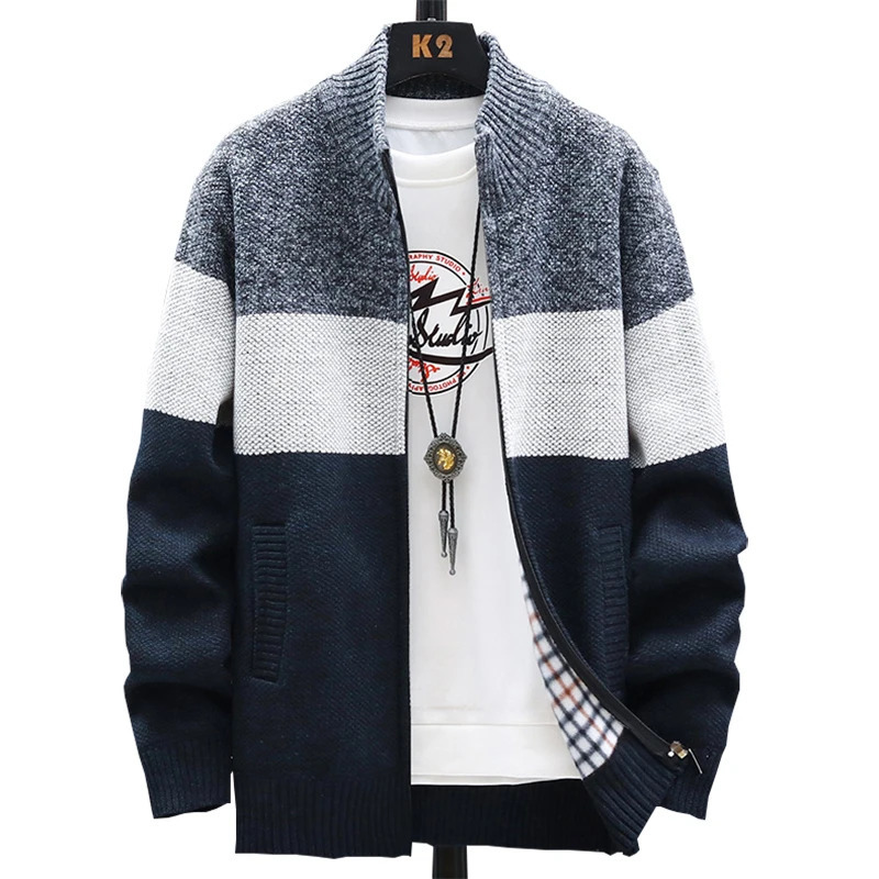 2025 Winter Men Sweater Add Velvet Cardigan Patchwork Color Stand Collar Male Casual Zipper Knitted Thick Warm Sweatercoat 241106