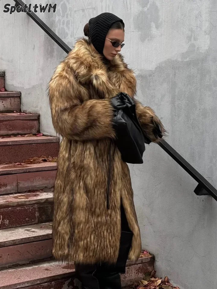 Winter Fashion Solid Lapel Long Faux Fur Overcoat Casual Thicken Warm Fluffy Plush Womens Jackets Lady y Outerwear 241104