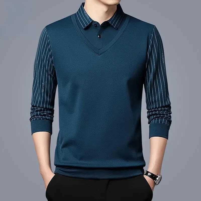 New mens T-shirt lapel spring autumn long Sve button striped print fashionable Ts casual top W241106