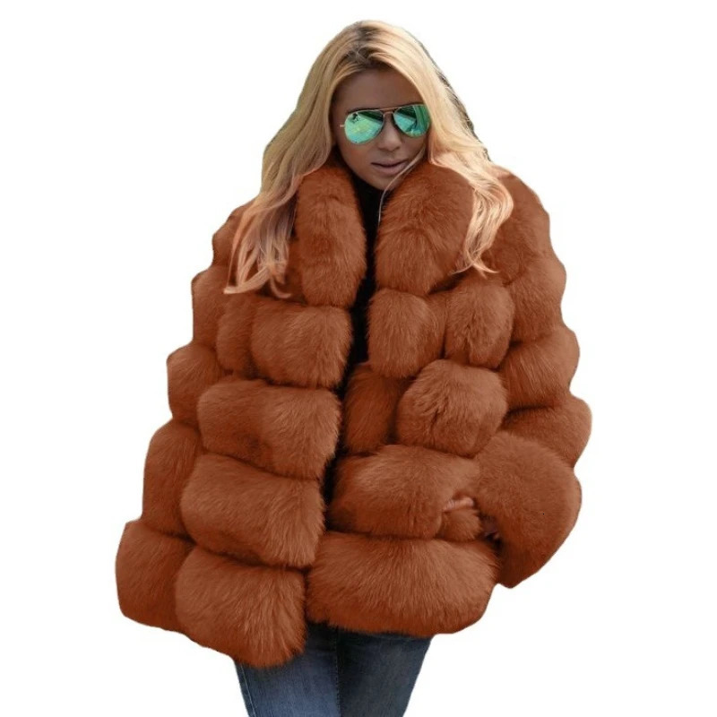 Women Fox Faux Fur Coats Mid Length Coat Turn Down Collar Full Sleeve Thick Warm Elegant Splice Autumn Winter Open Stitch 241104