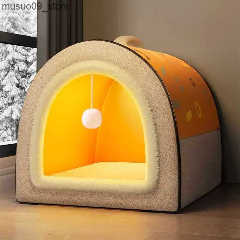 kennels pens 2-in-1 detachable cat bed with dog hole cat hiding home with ball pendant warm and washable comfortable big dog bed L240910