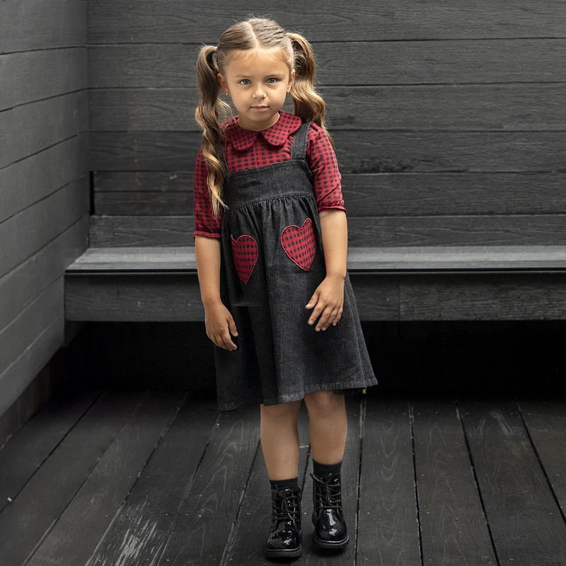 Ali-Plus family denim clothing set black denim children cute girls dress shirt top baby romper for autumn red plaid edge 241106