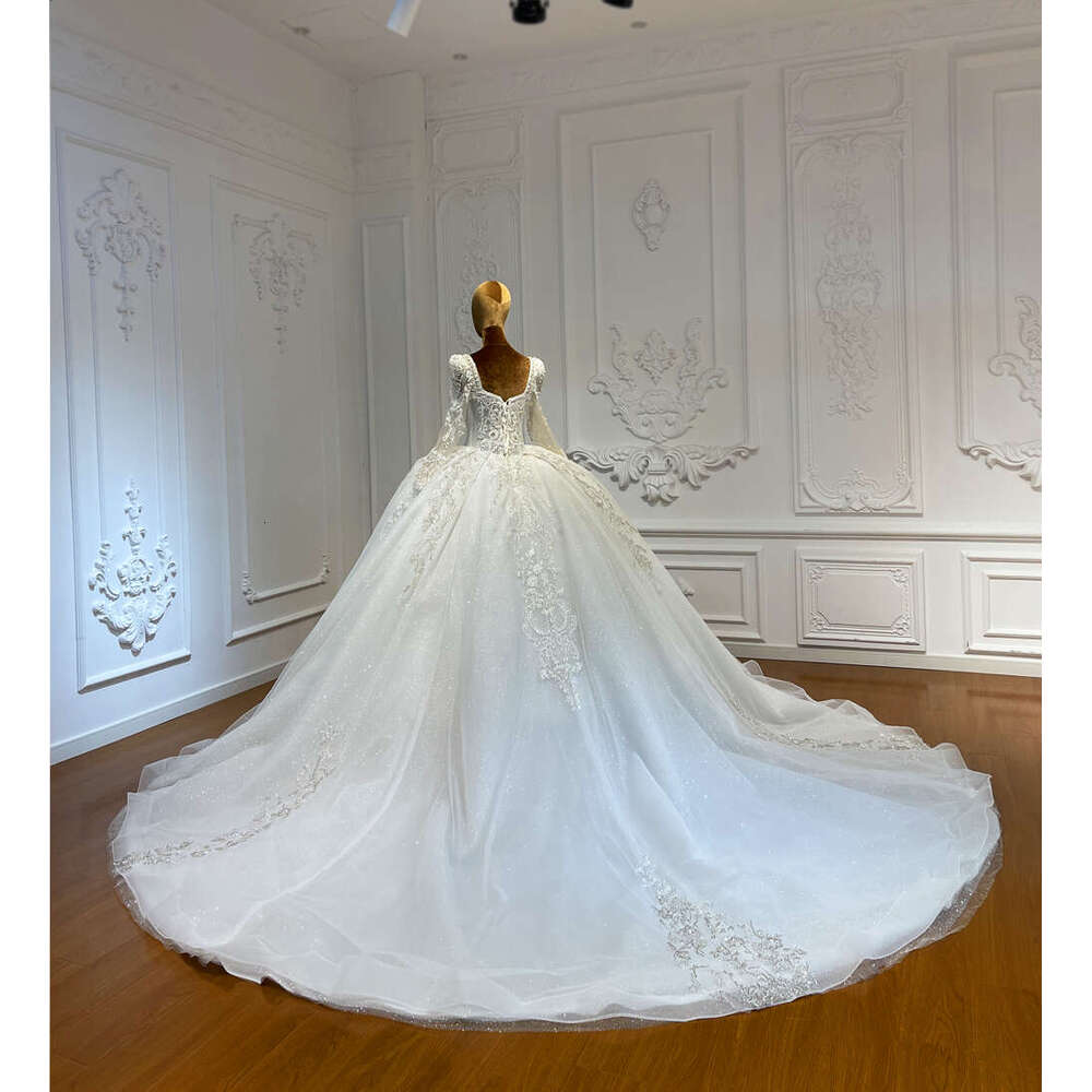 Customized Square Neck Full Lace Long Sleeve Bridal Ball Gown Wedding Dress