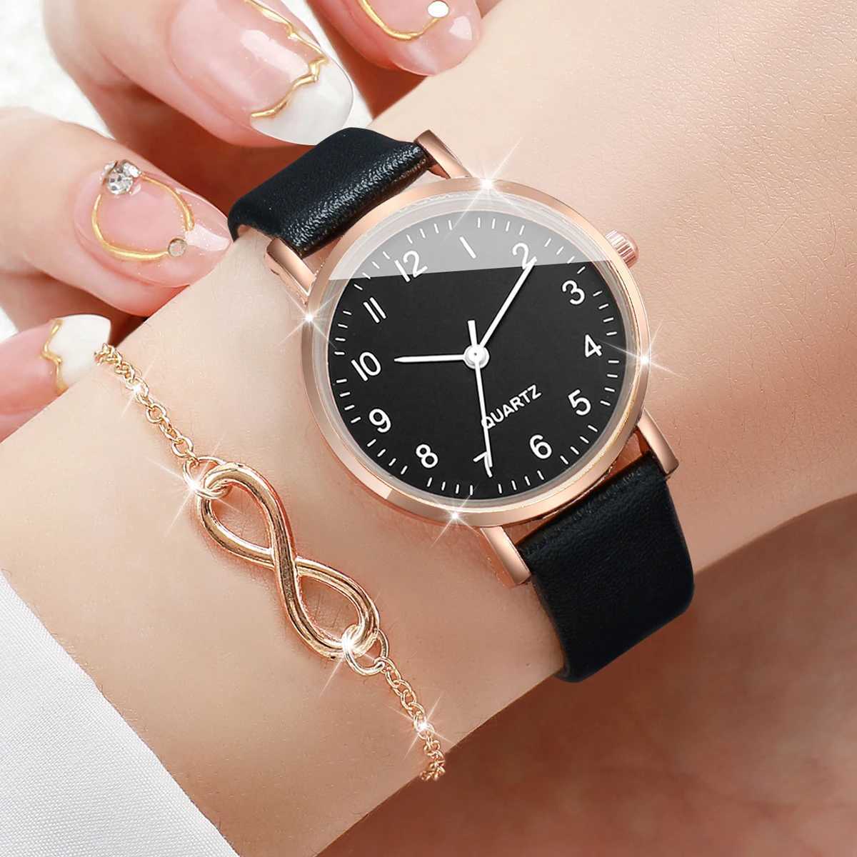4-piece/unisex set fashionable leather strap quartz watch with double bracelet set X241106