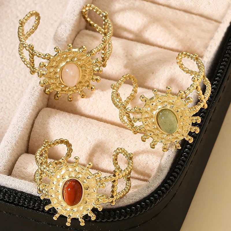 Bohe colored natural stone ring used for warm stainless steel gold-plated Suower hollow adjustable open ring jewelry gifts X241106
