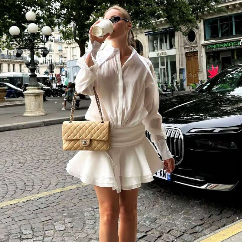 Talenza See-Through Chiffon Casual Women's Summer Loose Slim Shirt Solid Color Long Sleeve Ruffle Mini Dress