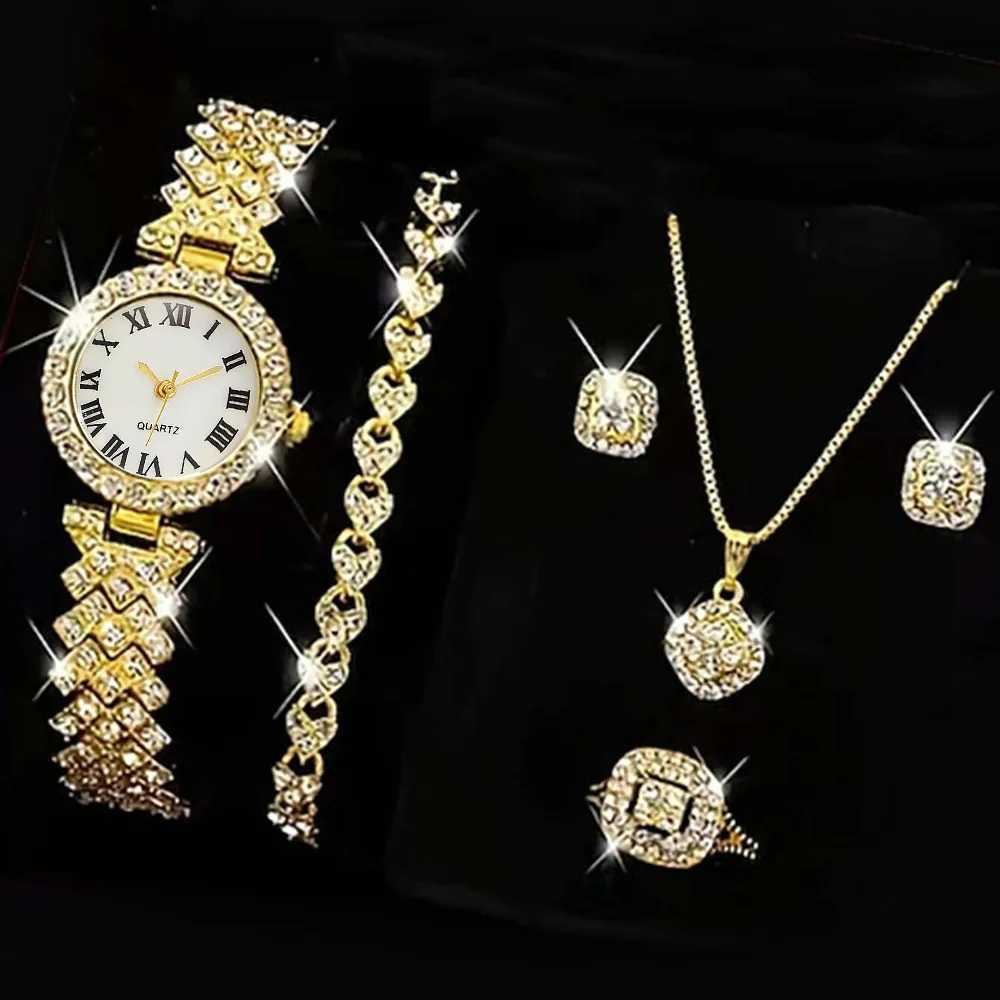 Fashionable luxury Fl crystal 5-piece watch necklace earrings ring set Rhinestone watch Fem bracelet set gift X241106