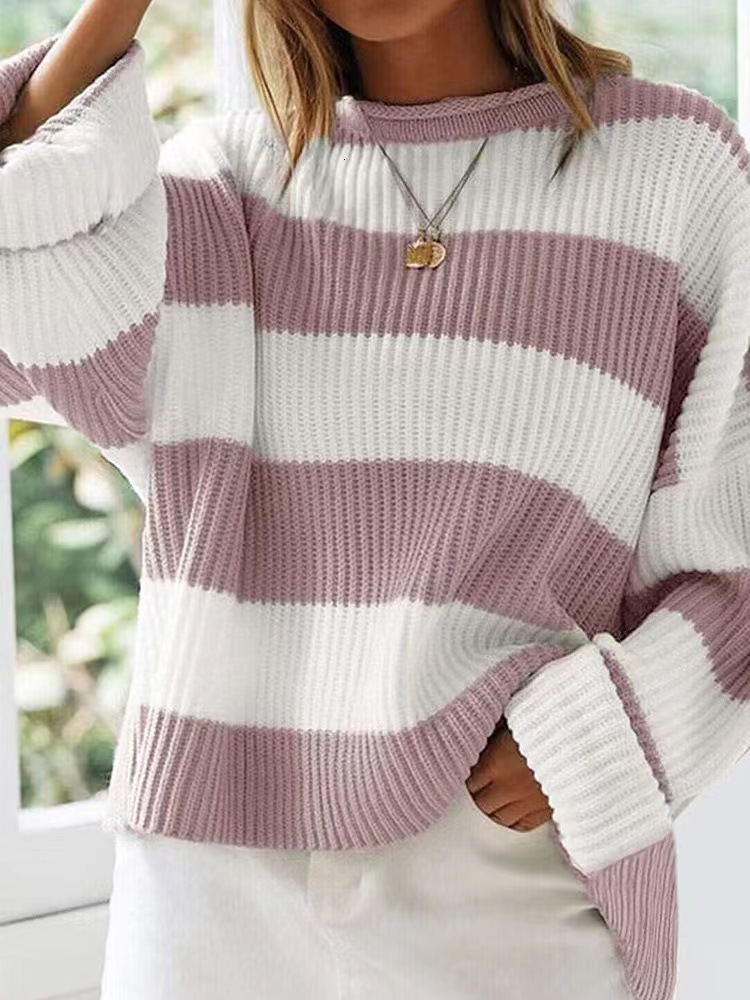 2025 Autumn And Winter Round Neck Long Sleeved Striped Knitted Shirt For Women Flared Sleeve Loose Sweater Woolen Sweater