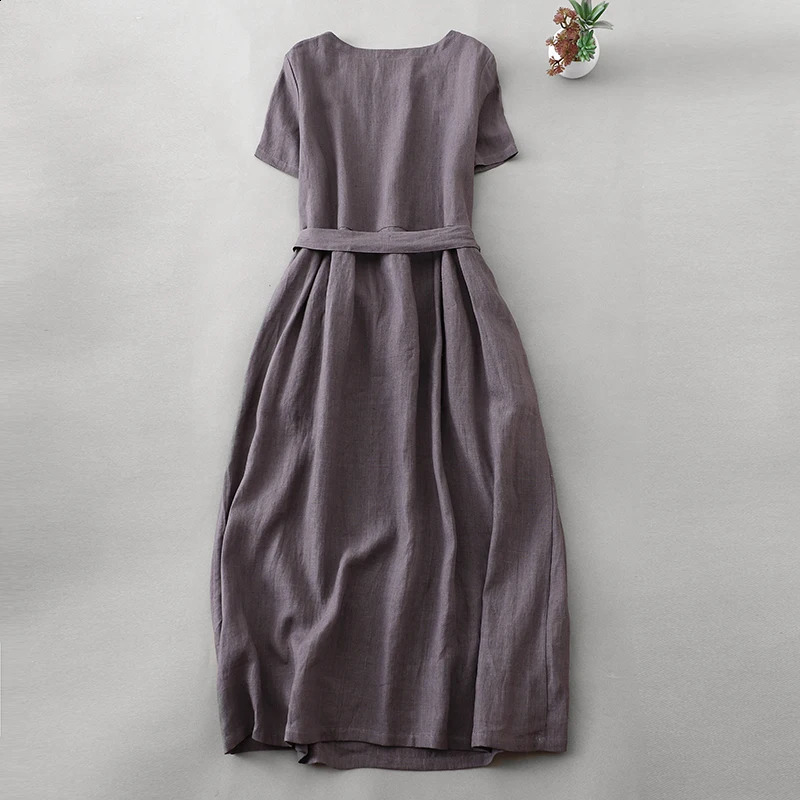 Cotton and Linen Solid Color Round Neck Shortsleeved dress Womens Summer Koreanstyle Retro Artistic Elegant Loose Laceup 240329