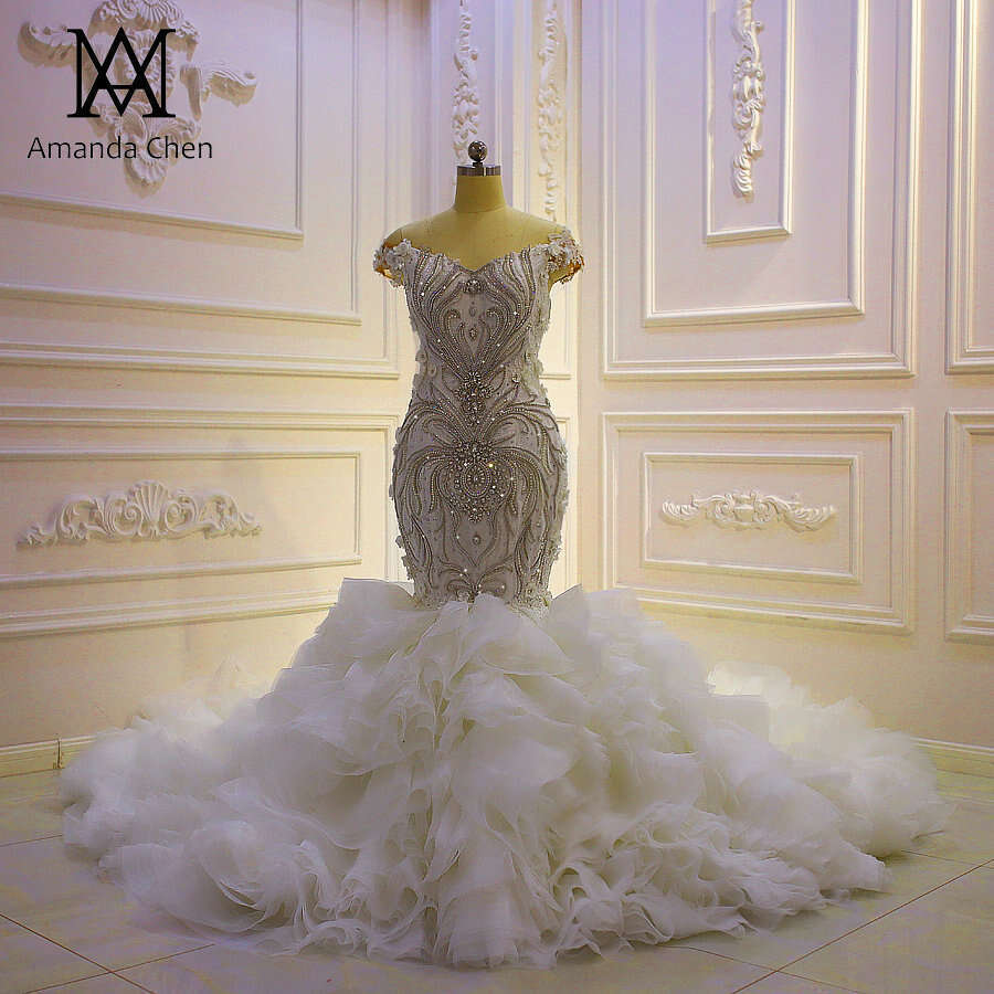 robe sirene mariage Off Shoulder Crystal Mermaid Ruffle Wedding Dress