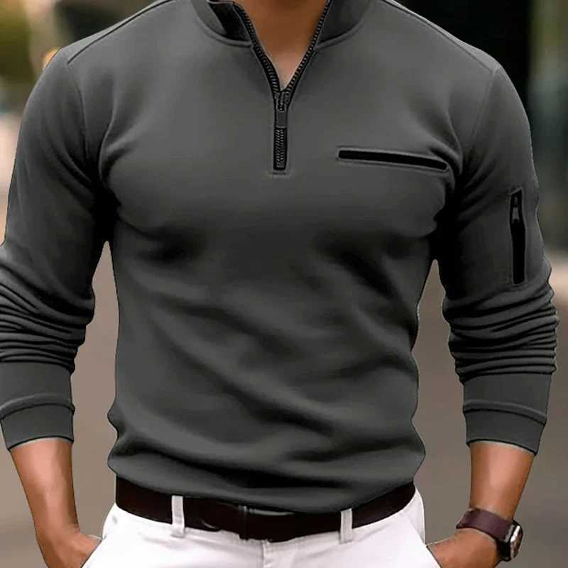 Spring Fashion Zipper Design Shirts 2024 Casual Solid Color O-Neck Ts Pullover Fashion Mens Long Sve W241106