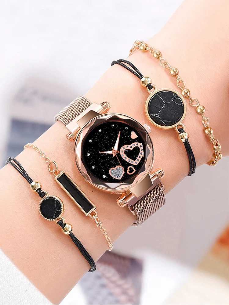 5 pieces of fashionable starry sky absorbing iron mesh with quartz watch and bracelet Cbination set X2411061