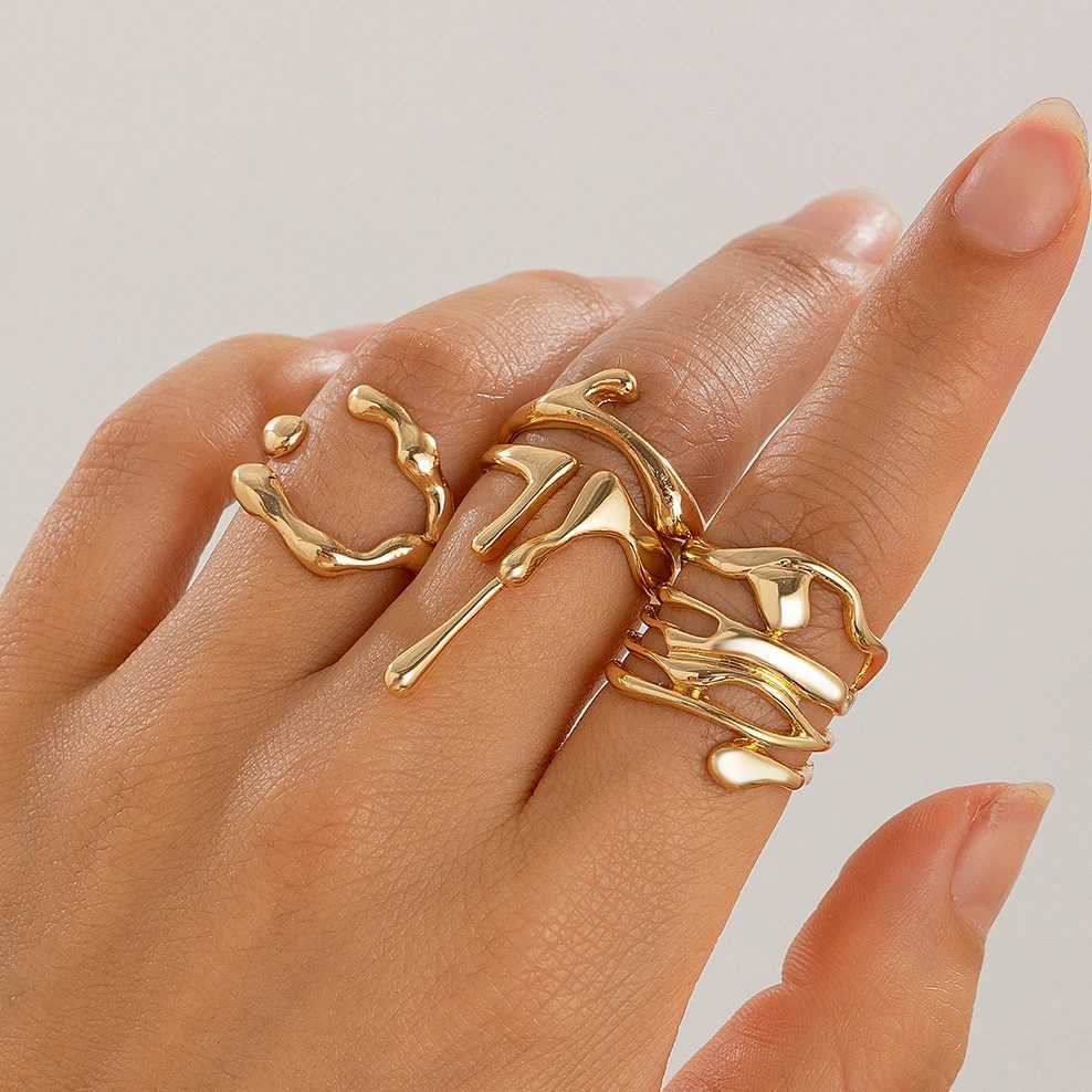 Ingemark 4Pcs/Set Retro Irregar Lava Open Ring Suitable for Wenmen Gothic Gold Adjustable Couple Ring Y2K Wedding Jewelry Gift X241106