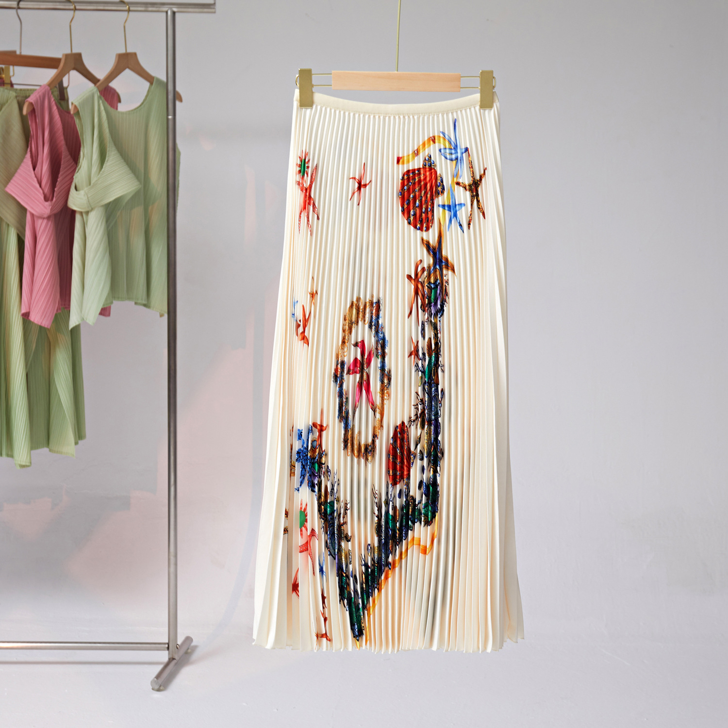 Two Piece Dress Pleated 2 Pieces Set Women's Short Sleeve Stretch Vintage Printed T-Shirt Tops High Elastic Waist Long Skirt Suit