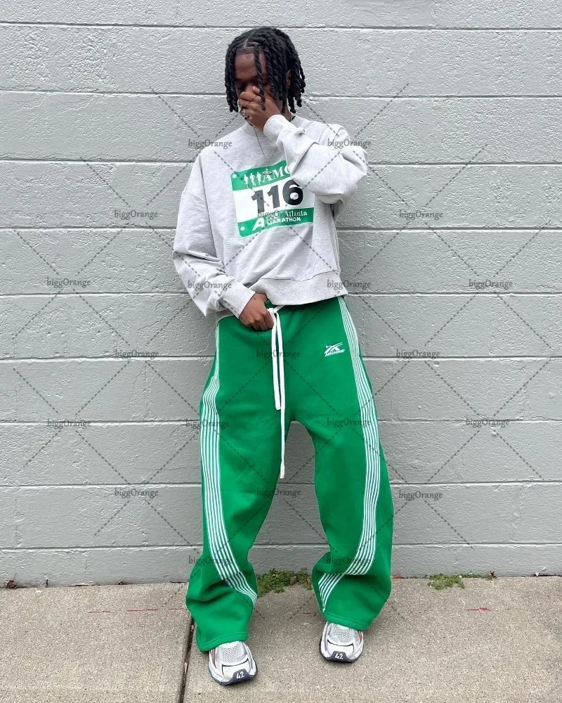 American Retro Classic Striped Sweatpants Hiphop High Street Oversized Wideleg Pants Men Fashion Trend Versatile Streetwear 241104