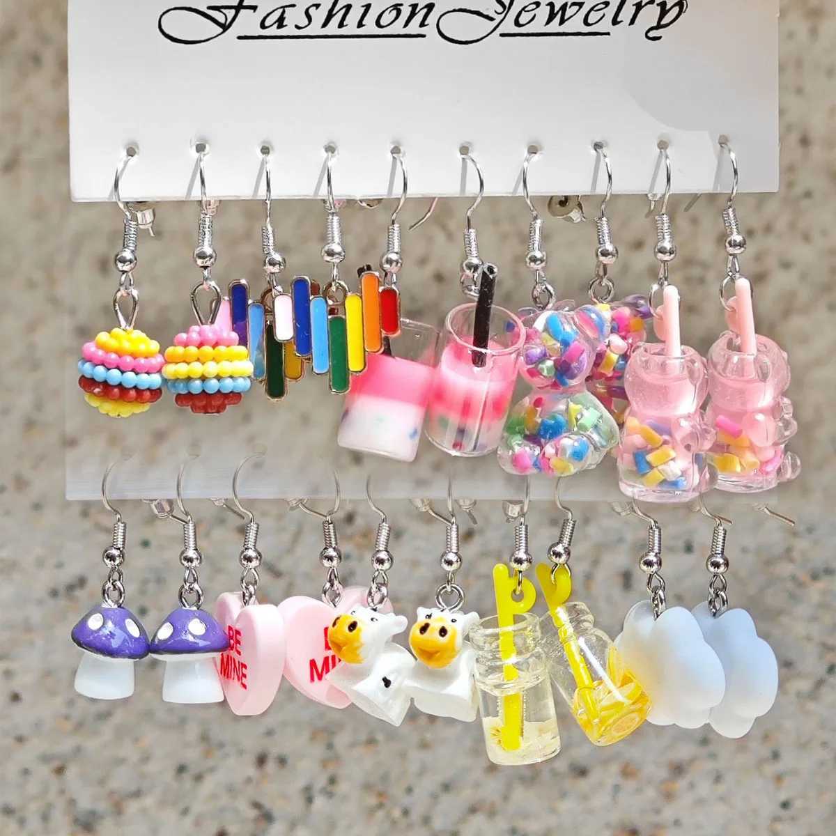 10 pairs of fresh colored resin pendant earrings with cute flowers milk tea earrings Fem X241106