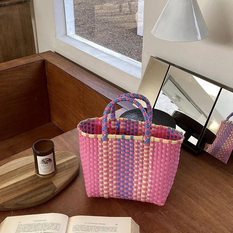 Vegetable Basket Summer Fashion PVC Handbag Hand Woven Tote Bag Splicing Tote Bag 241105