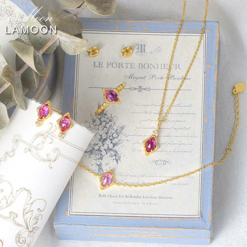 Lamoon Vingate Princess Jewelry Set Womens Synthetic Corundum S925 Silver 14K Gold Plated Exquisite Small Jewelry V086 241106