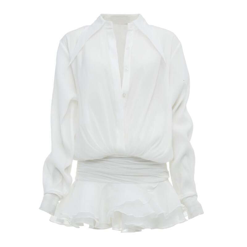 Talenza See-Through Chiffon Casual Women's Summer Loose Slim Shirt Solid Color Long Sleeve Ruffle Mini Dress
