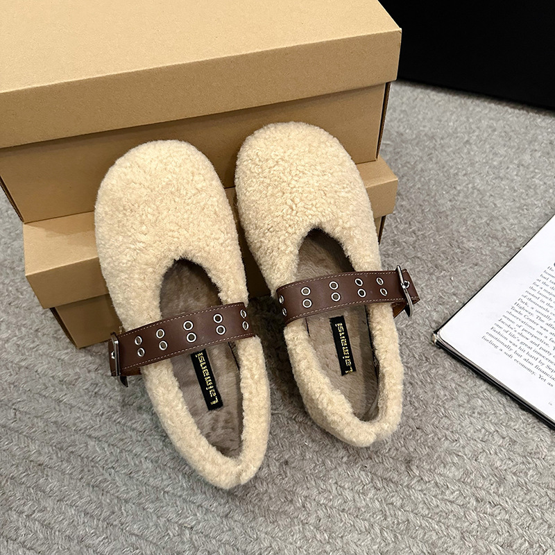 2024 Autumn/Winter New Lamb Wool Bean Women's Shoes with Velvet Warm Flat Fury Shoes Fashion Strap Single Shoes for Women